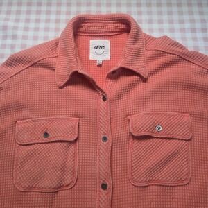 Aerie Lumber Jane Waffle Knit Oversized Button Down Shirt Shacket Coral Rust‎ XS